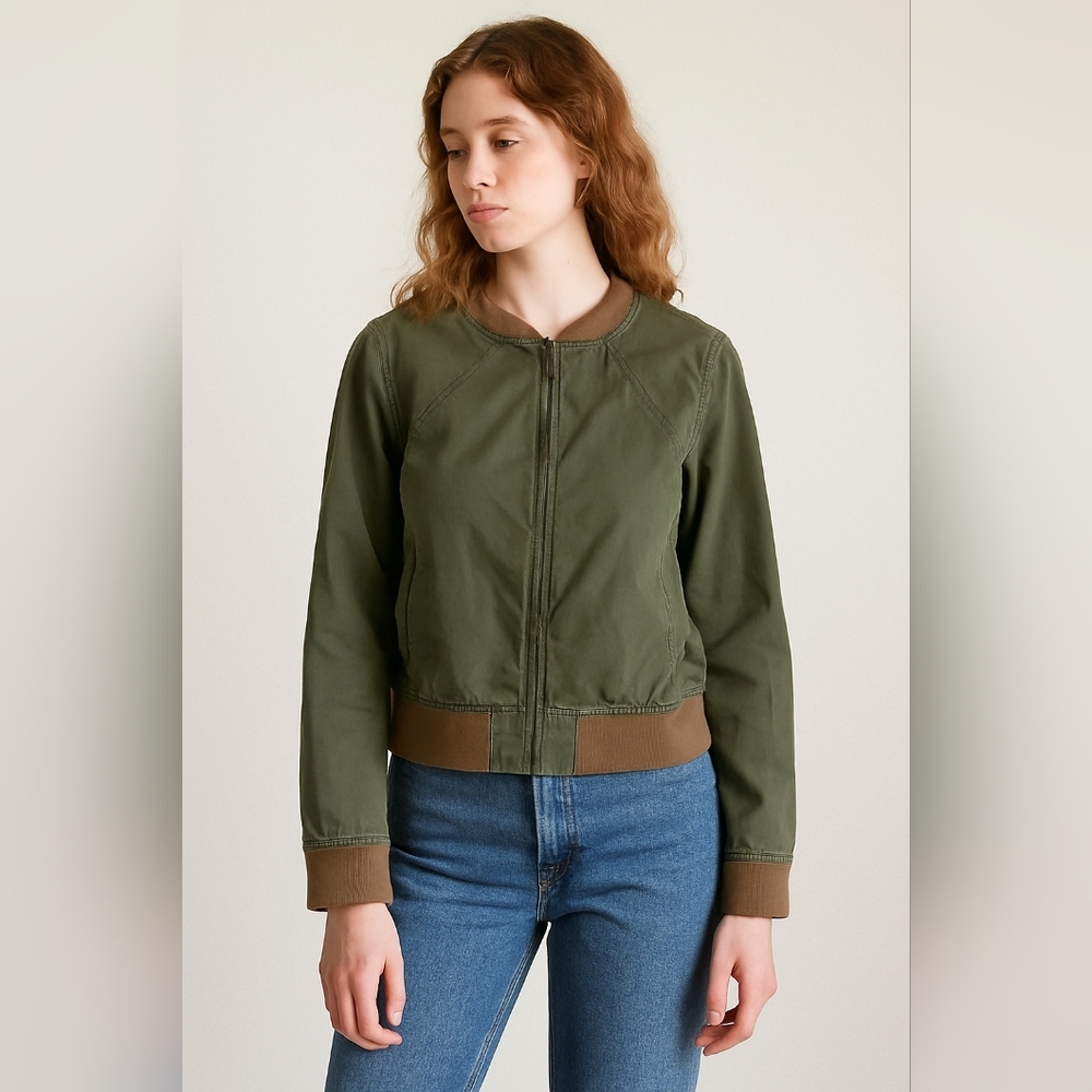L.O.G.G. by H&M Women’s Olive Bomber Jacket Size 4 Cotton Utility Zip Up‎ 22.5